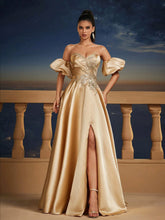 Champagne Satin Puff Sleeve Ball Gown Dresses For Women, Romantic Princess Bridesmaid Dress